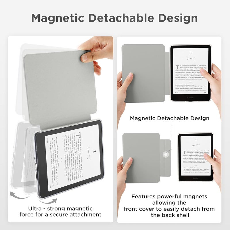 SESENSE Detachable Magnetic Case for 7'' Kindle Paperwhite 12th Gen 2024 and Kindle Colorsoft Signature Edition, Slim PU Shell Cover Case with Auto Wake/Sleep, Grey - Image 3