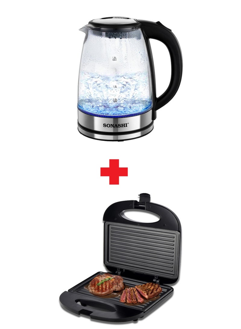 SONASHI 2-Slice Non-Stick Grill & Sandwich Maker 750W With Glass Kettle Bundle 1500 W SGT-853 + SKT-1809 Black - Image 1