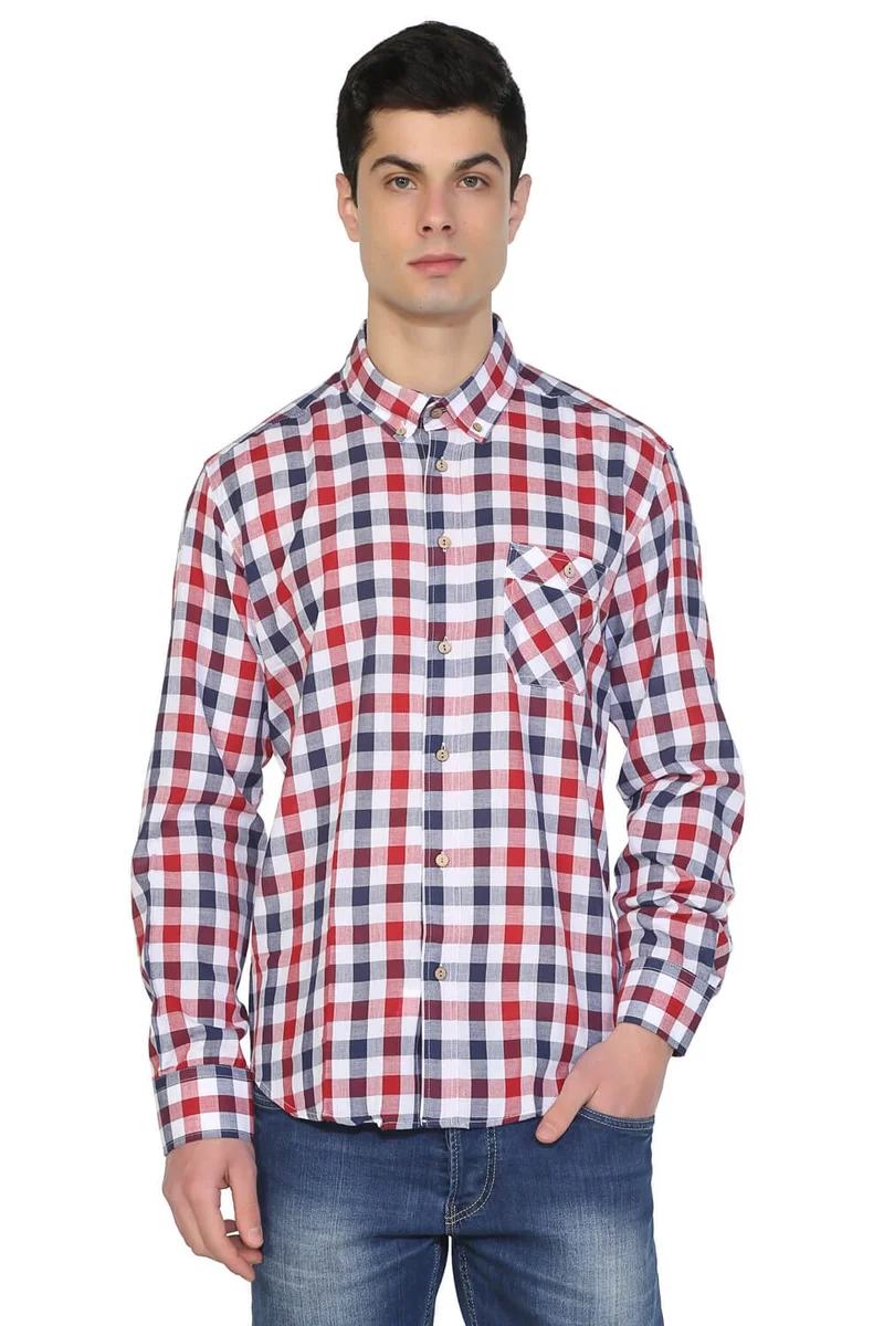 Eliş Şile Bezi Long Sleeve Slim Fit Şile Cloth Single Pocket Men's Shirt Red Navy Checked 3008