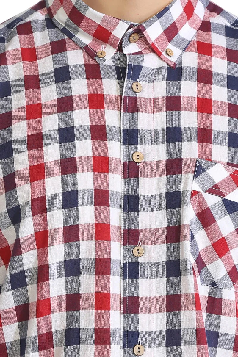 Eliş Şile Bezi Long Sleeve Slim Fit Şile Cloth Single Pocket Men's Shirt Red Navy Checked 3008