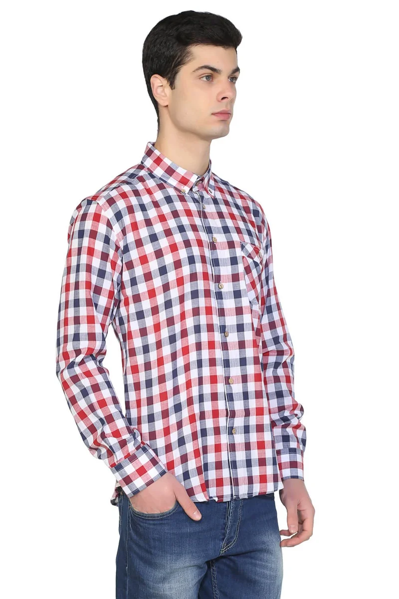 Eliş Şile Bezi Long Sleeve Slim Fit Şile Cloth Single Pocket Men's Shirt Red Navy Checked 3008