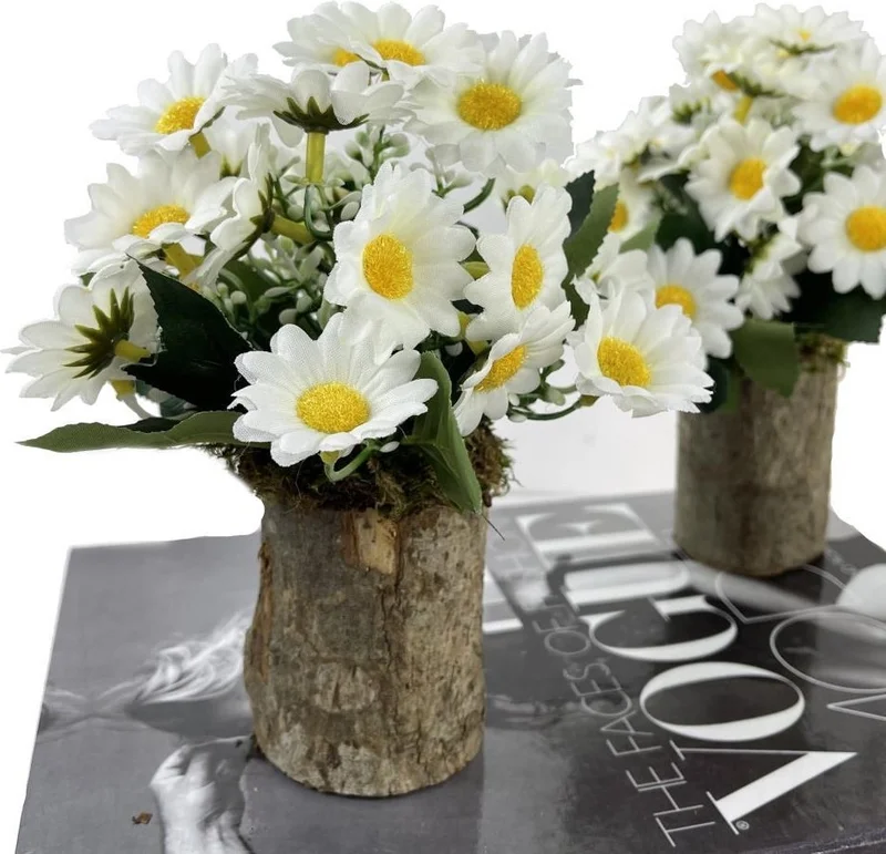Netten Evime Nettenevime Artificial Flower White Daisy Table Flower in Natural Log Wood Pot
