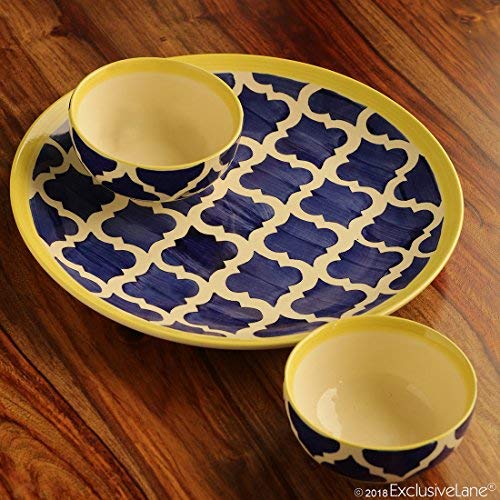 ExclusiveLane Ceramic 'Moroccan Platter Pack' Handpainted Serving Plate with Serving Bowl Dinnerware Set (1 Plate, 2 Bowls, Blue) - Image 1