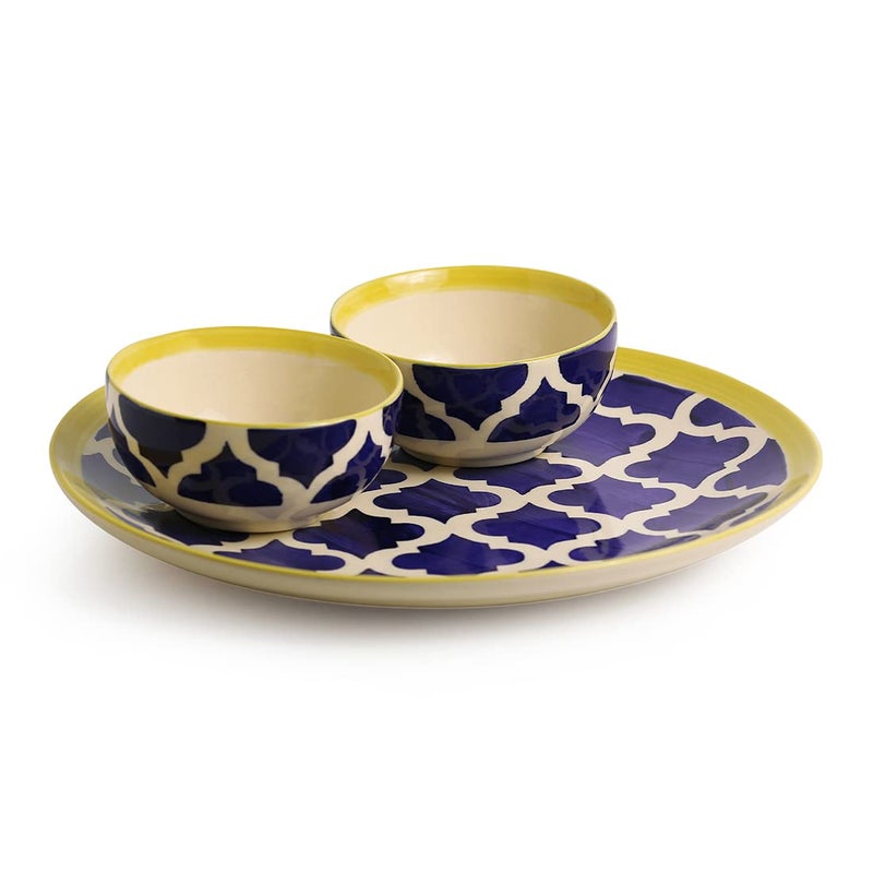 ExclusiveLane Ceramic 'Moroccan Platter Pack' Handpainted Serving Plate with Serving Bowl Dinnerware Set (1 Plate, 2 Bowls, Blue) - Image 2