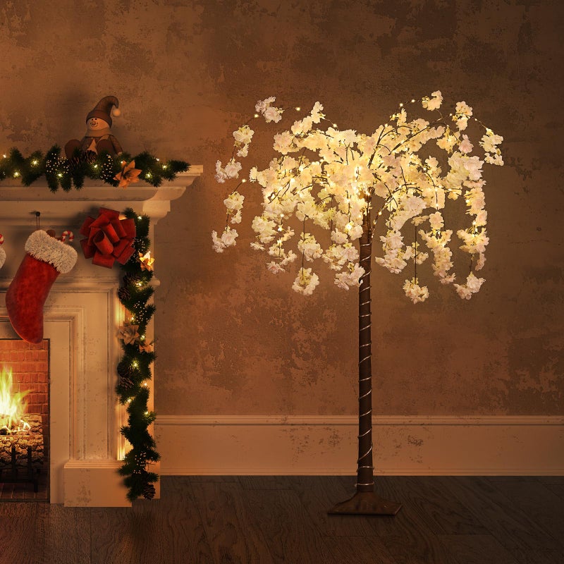 OUSHENG Lighted Cherry Blossom Tree LED Artificial Trees for Decoration Inside, Light up Fake Plant with Faux Flower for Home Wedding Party Festival Christmas Indoor Decor, Warm White, 4FT - Image 1