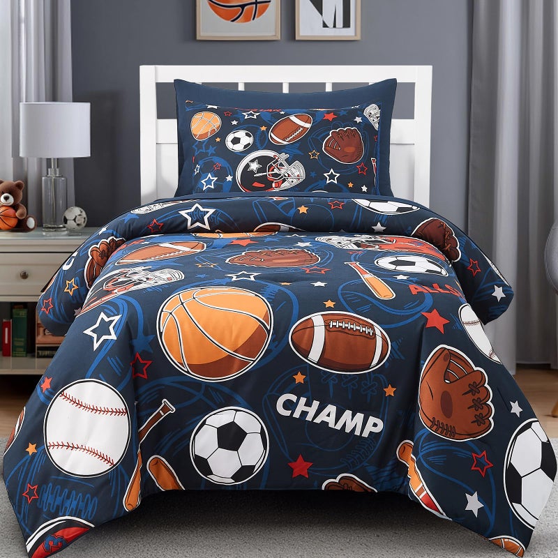 Wink Deer Twin Comforter Set for Boys-5 Pieces Sports Ball Games Glow in The Dark Twin Bedding Sets for Kids, Ultra Soft Bed in A Bag with Sheets - Image 1