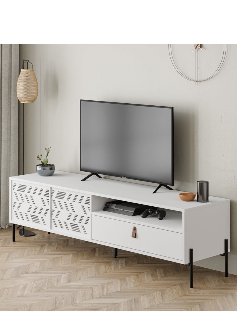 Mourah Home Dionysos Tv Stand Up To 70 Inches| Modern Tv Unit With Sturdy Metal Legs For Home 1 Slide Door Open Shelf 1 Drawer Storage| 170X45X48.6 Cm (White)  - Image 2