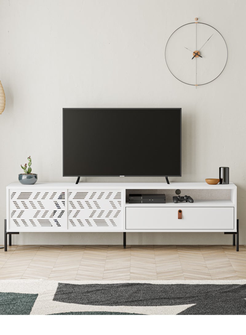 Mourah Home Dionysos Tv Stand Up To 70 Inches| Modern Tv Unit With Sturdy Metal Legs For Home 1 Slide Door Open Shelf 1 Drawer Storage| 170X45X48.6 Cm (White)  - Image 1