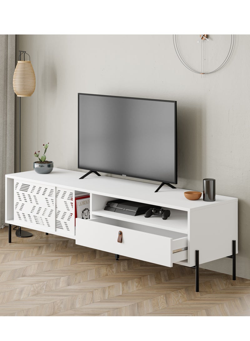 Mourah Home Dionysos Tv Stand Up To 70 Inches| Modern Tv Unit With Sturdy Metal Legs For Home 1 Slide Door Open Shelf 1 Drawer Storage| 170X45X48.6 Cm (White)  - Image 3