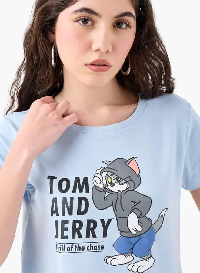SP Characters Tom and Jerry Print T-shirt with Short Sleeves and Crew Neck