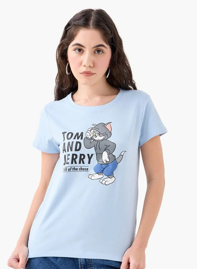 SP Characters Tom and Jerry Print T-shirt with Short Sleeves and Crew Neck