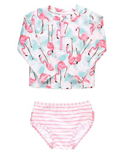 RuffleButts Long Sleeve Zipper Rash Guard 2Piece Vibrant Flamingo 3T - Image 1