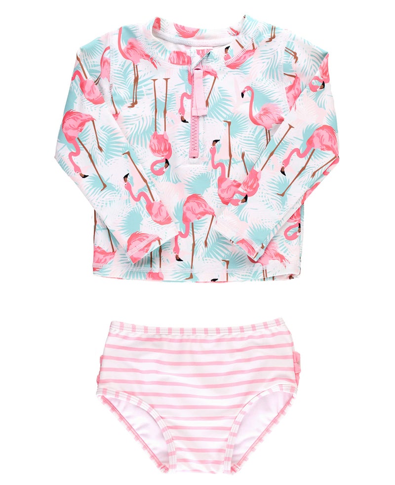 RuffleButts Long Sleeve Zipper Rash Guard 2Piece Vibrant Flamingo 3T - Image 2
