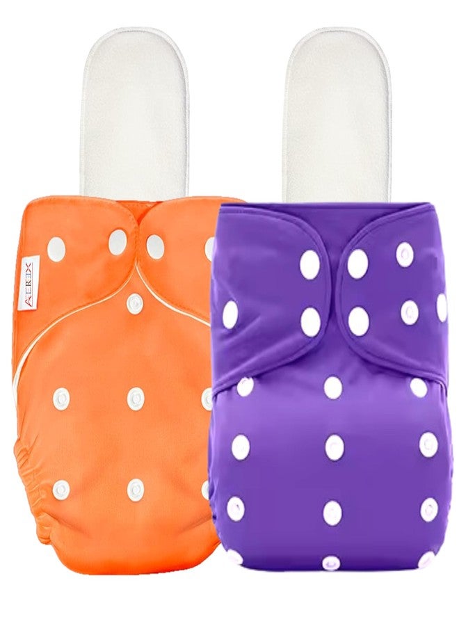 AEREX Premium Reusable Baby Cotton 2 Cloth Diapers For 0 to 3 Years With 2 Insert Pads | Leak Proof Washable Diapers For New Born Babies | Adjustable Pocket Cloth Diaper Nappies (Orange & Purple) - Image 1