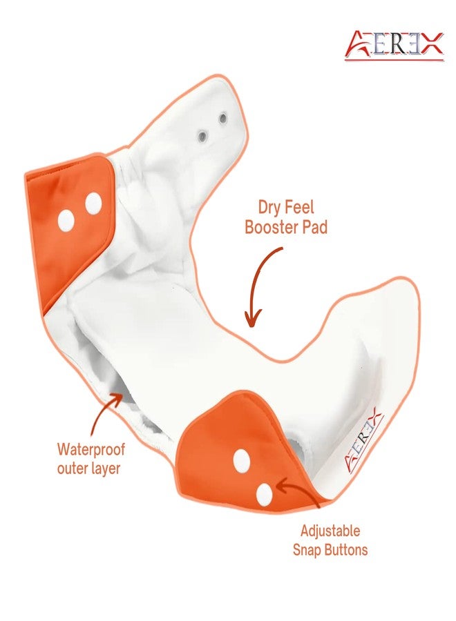 AEREX Premium Reusable Baby Cotton 2 Cloth Diapers For 0 to 3 Years With 2 Insert Pads | Leak Proof Washable Diapers For New Born Babies | Adjustable Pocket Cloth Diaper Nappies (Orange & Purple) - Image 2