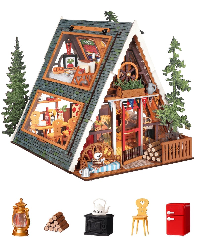 Rolife DIY Miniature House Kit A-Frame Cabin, 3D Wooden Puzzle Tiny House with Openable Skylight for Teens & Adults, Cozy Forest Cabin DÃ©cor, Creative Gift for Birthday & Holidays - Image 1