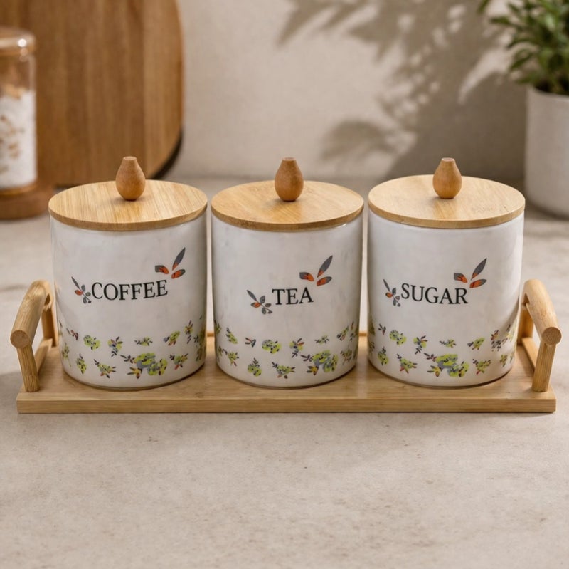 3-piece porcelain spice set, floral design, wooden lid with handle and wooden holder