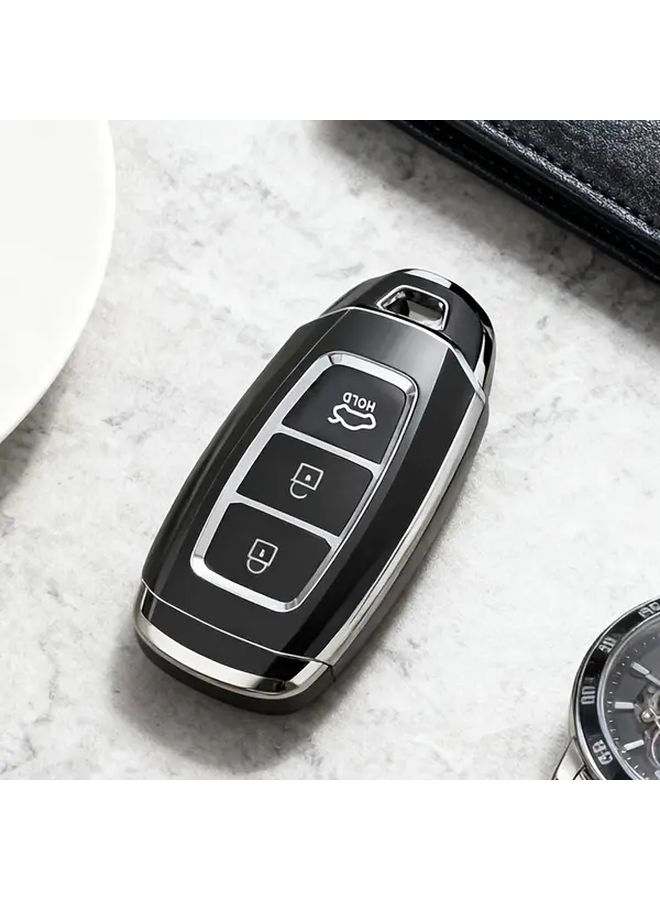 غطاء حماية من TPU الفاخر باللون الأسود الكامل لمفاتيح السيارات هيونداي سانتا، i30، IX35، إنسينو، كونا، سولاريس، أزيرا، غراندور، إلانترا، أكسنت - متين بلمسة نهائية لامعة مع رموز الأزرار - Image 1
