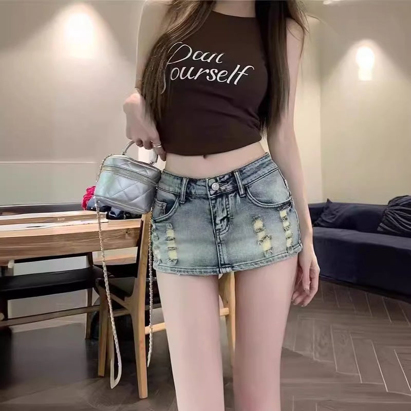 American Bombshell Streetwear Mini Denim Skirt for Women, Low-Rise Butt-Lifting Bodycon A-Line - Image 1