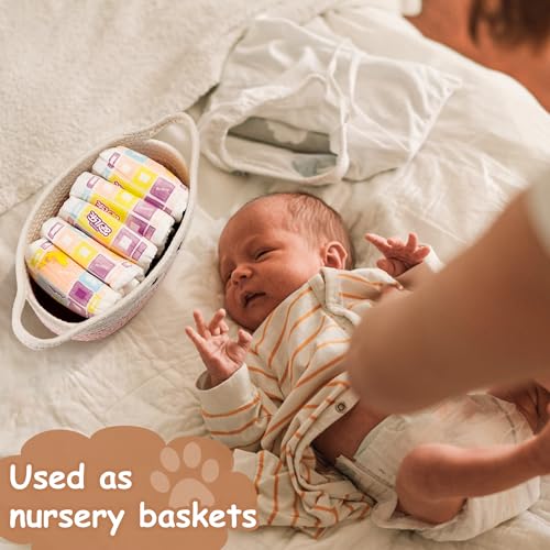 STOBSK Small Woven Baskets for Organizing with Handle Cute Cotton Basket for Nursery Gift Dog Cat Toy Storage Basket for Toy Organizer-Pink - Image 3