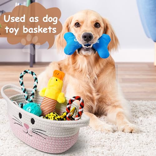STOBSK Small Woven Baskets for Organizing with Handle Cute Cotton Basket for Nursery Gift Dog Cat Toy Storage Basket for Toy Organizer-Pink - Image 5