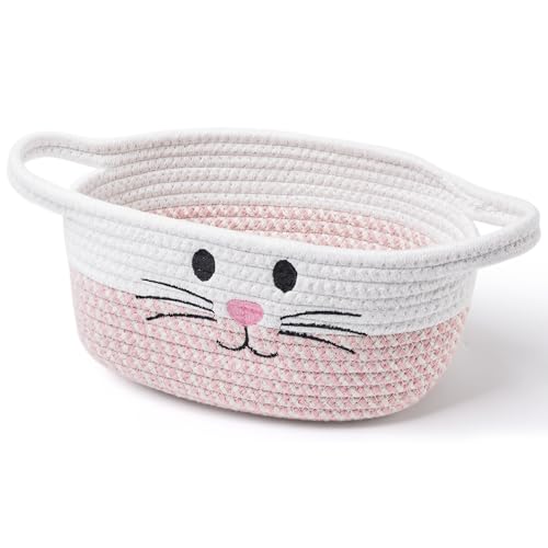STOBSK Small Woven Baskets for Organizing with Handle Cute Cotton Basket for Nursery Gift Dog Cat Toy Storage Basket for Toy Organizer-Pink - Image 1