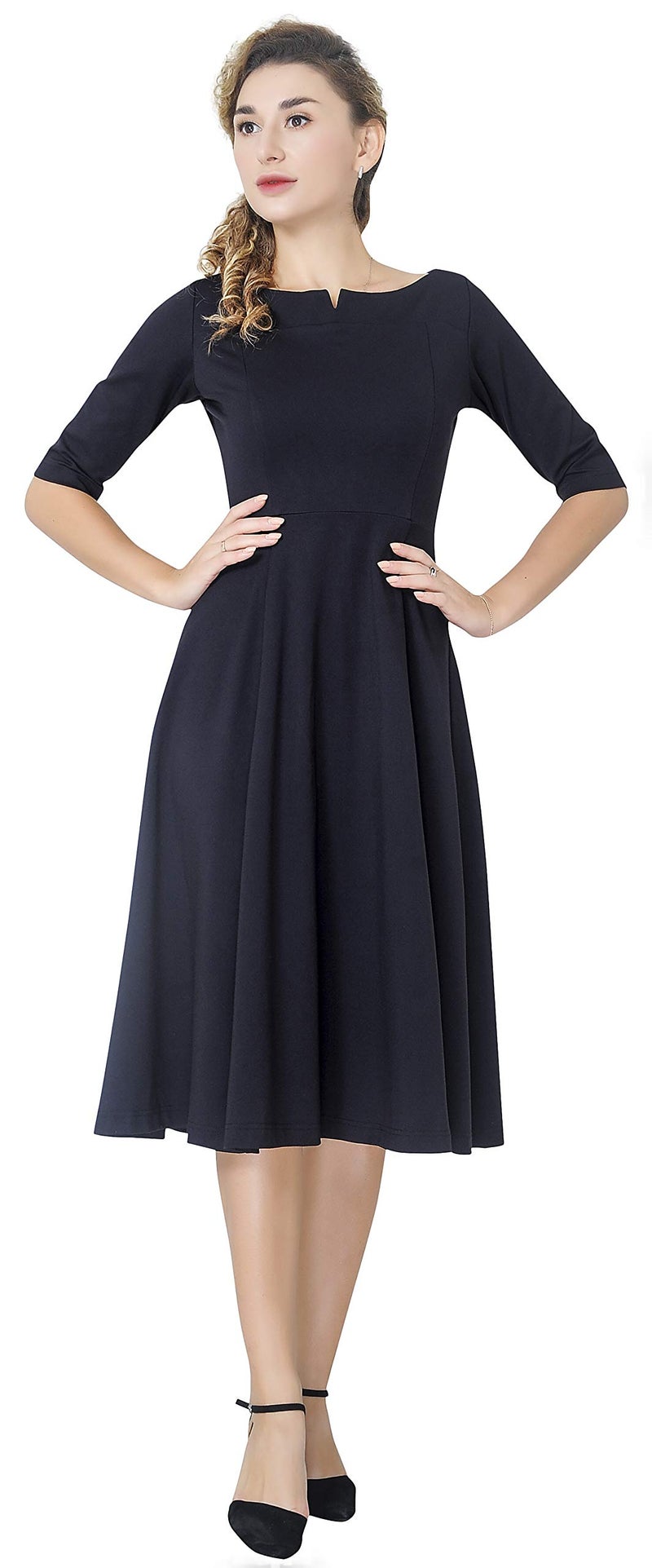 Marycrafts Women's Fit Flare Tea Midi Dress for Office Business Work 10 Black - Image 2