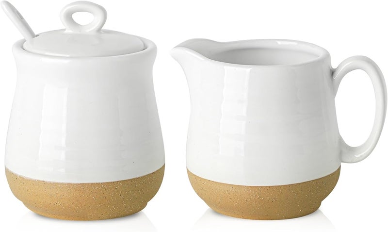 Hasense Ceramic Sugar and Creamer Set, 3 Piece Coffee Serving Set with Cream Pitcher, Sugar Bowl, Lid & Spoon, 10 Ounce Sugar and Creamer Set for Coffee Bar, Perfect for Wedding Gift (White) - Image 1