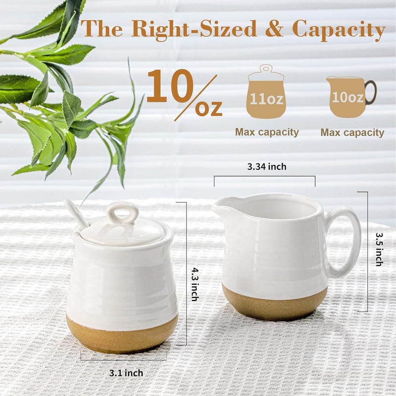 Hasense Ceramic Sugar and Creamer Set, 3 Piece Coffee Serving Set with Cream Pitcher, Sugar Bowl, Lid & Spoon, 10 Ounce Sugar and Creamer Set for Coffee Bar, Perfect for Wedding Gift (White) - Image 3