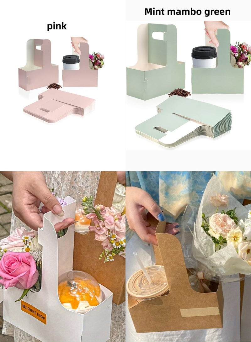 حامل مشروبات مكون من 2 كوب مع مقبض (أبيض، بني، وردي، أخضر)، 40 حامل كوب من الورق المقوى، حامل أكواب قهوة يمكن التخلص منها للوجبات الجاهزة، حامل أكواب قهوة من ورق الكرافت، أكياس تغليف الزهور، حامل أكواب للمشروبات الساخنة والباردة للوجبات الجاهزة. - Image 1