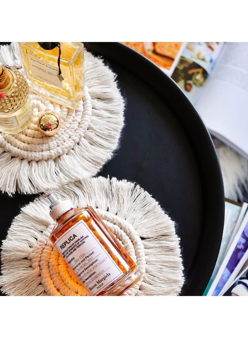 Mmmon 2 PCS Boho Coasters for Drinks AbsorbentMacrame Cotton Coasters for Wooden TableRound Drink Coaster Set with TasselsHousewarming Gift Bar Coffee Table OfficeDesk Decor - Image 4