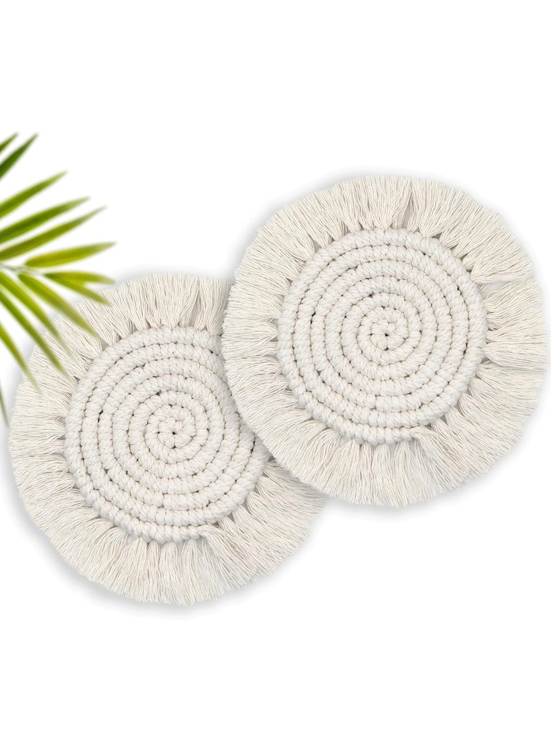 Mmmon 2 PCS Boho Coasters for Drinks AbsorbentMacrame Cotton Coasters for Wooden TableRound Drink Coaster Set with TasselsHousewarming Gift Bar Coffee Table OfficeDesk Decor - Image 1