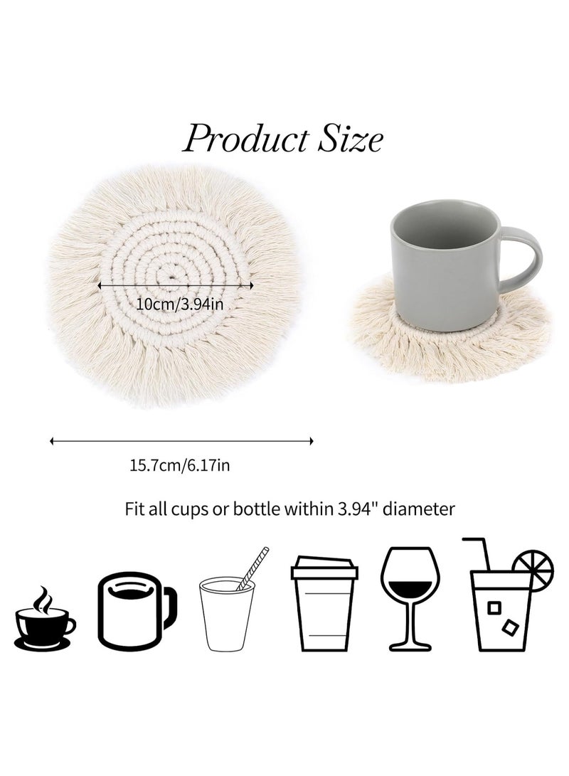 Mmmon 2 PCS Boho Coasters for Drinks AbsorbentMacrame Cotton Coasters for Wooden TableRound Drink Coaster Set with TasselsHousewarming Gift Bar Coffee Table OfficeDesk Decor - Image 2