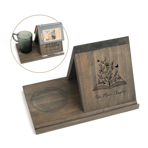 LITIVY Wooden Book Holder with Drink Holder, Wooden Triangle Bookmark Reading Rest with Slotted, Book Display Bookmark Book Holder Decor for Coffee and Book Lover Gifts (Greenish Gray) - Image 1