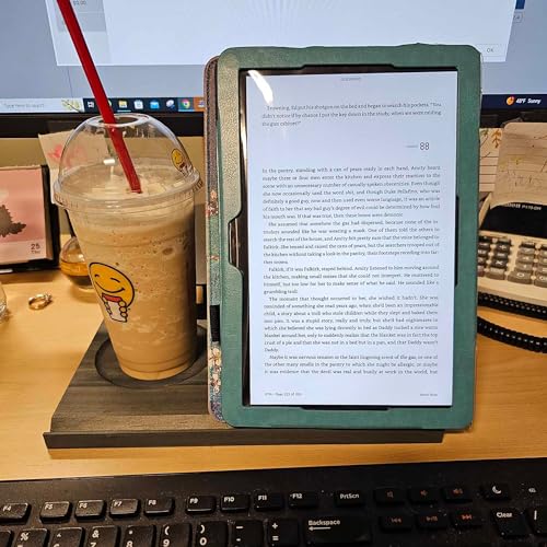LITIVY Wooden Book Holder with Drink Holder, Wooden Triangle Bookmark Reading Rest with Slotted, Book Display Bookmark Book Holder Decor for Coffee and Book Lover Gifts (Greenish Gray) - Image 3