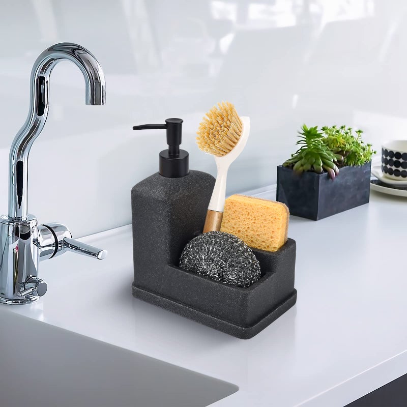 Deobath Dish Soap Dispenser with Sponge Holder,Liquid Hand and Dish Soap Dispenser and Spong Caddy with Brush Holder 3 in 1 Countertop Organizer for Kitchen Sink and Bathroom,Black - Image 2