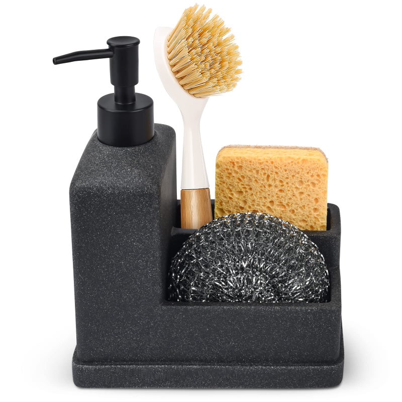 Deobath Dish Soap Dispenser with Sponge Holder,Liquid Hand and Dish Soap Dispenser and Spong Caddy with Brush Holder 3 in 1 Countertop Organizer for Kitchen Sink and Bathroom,Black - Image 1