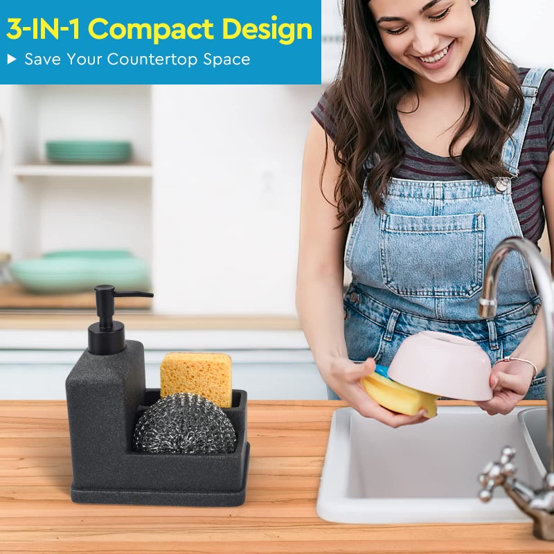 Deobath Dish Soap Dispenser with Sponge Holder,Liquid Hand and Dish Soap Dispenser and Spong Caddy with Brush Holder 3 in 1 Countertop Organizer for Kitchen Sink and Bathroom,Black - Image 3
