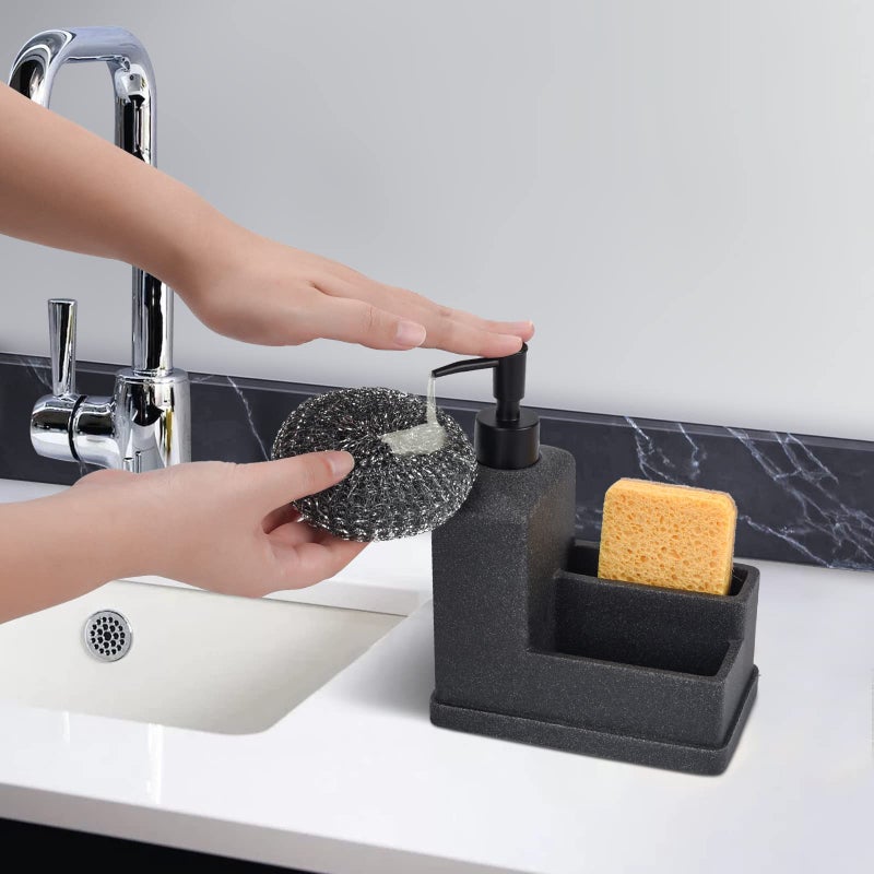 Deobath Dish Soap Dispenser with Sponge Holder,Liquid Hand and Dish Soap Dispenser and Spong Caddy with Brush Holder 3 in 1 Countertop Organizer for Kitchen Sink and Bathroom,Black - Image 4