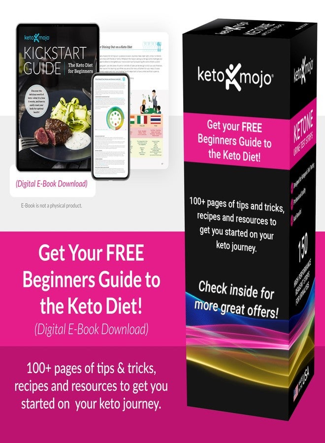 Keto-Mojo 150 Ketone Urine Test Strips, App & Keto eBook Included, Extra-Long for Easy Sampling, Urinalysis Dipstick Test for Ketosis on Ketogenic, Low-Carb, and Fasting Diets - Image 2
