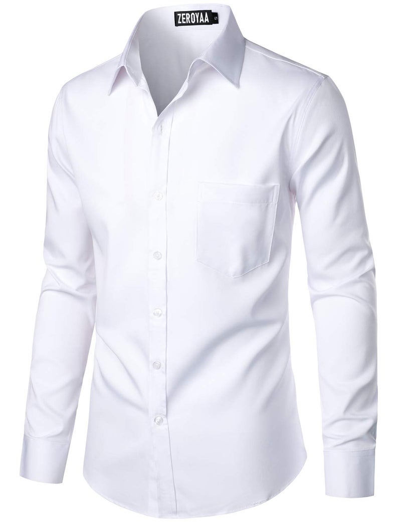 ZEROYAA Men's Urban Stylish Casual Business Slim Fit Long Sleeve Button Up Dress Shirt with Pocket ZLCL29 White Large - Image 2