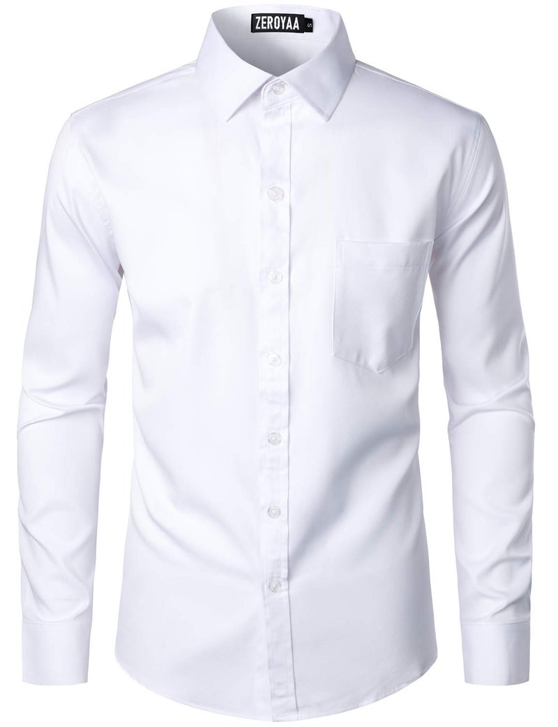 ZEROYAA Men's Urban Stylish Casual Business Slim Fit Long Sleeve Button Up Dress Shirt with Pocket ZLCL29 White Large - Image 4