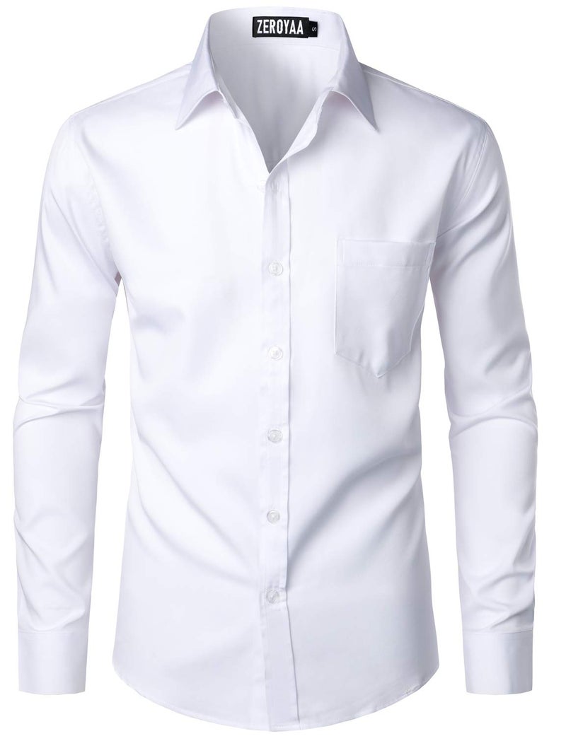 ZEROYAA Men's Urban Stylish Casual Business Slim Fit Long Sleeve Button Up Dress Shirt with Pocket ZLCL29 White Large - Image 1