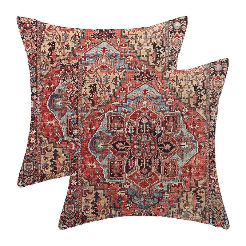 AEIOAE Boho Pillow Covers 16x16 Set of 2 Red Boho Vintage Style Decorative Throw Pillow Outdoor Linen Square Farmhouse Decor Retro Cushion Cover for Home Couch Sofa