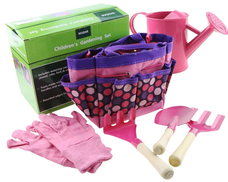 Apol Gardening Tool Set for Kids Children Includes Watering Can Gloves Shovel Rake Fork and Carry Bag Girls Boys Gift Pink
