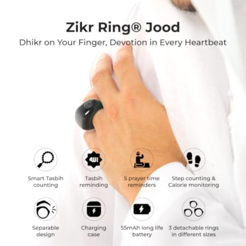 Smart Zikr Ring JOOD, 5 Prayer Time Reminders, Tasbih Counter, 7-Day Portable Charging Case, Tracks 65000 Counts, Life Calorie, Steps,3-Freely Adjust Suitable Rings Size choice(18-20-22mm) - Image 5