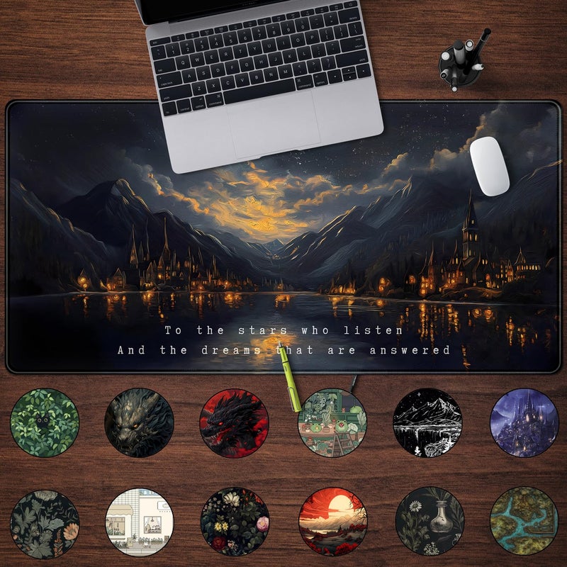 Mechanical Cattle Starry Night Mountain Desk Pad Mat Moon Oil Painting XXL Black Mouse Pad for Gaming Deskpad, Aesthetic Moon and Stars Mousepad Xxl for Laptop Computer Mouse Game Keyboard Mat, 31.5 X 15.8 In - Image 2