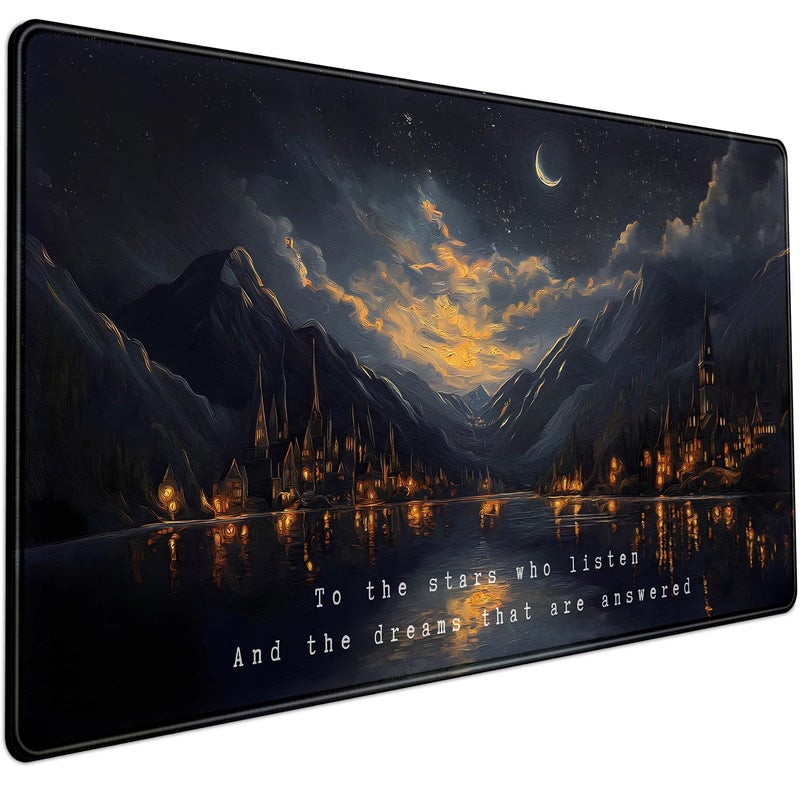 Mechanical Cattle Starry Night Mountain Desk Pad Mat Moon Oil Painting XXL Black Mouse Pad for Gaming Deskpad, Aesthetic Moon and Stars Mousepad Xxl for Laptop Computer Mouse Game Keyboard Mat, 31.5 X 15.8 In - Image 1