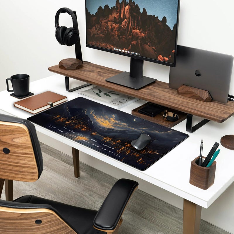 Mechanical Cattle Starry Night Mountain Desk Pad Mat Moon Oil Painting XXL Black Mouse Pad for Gaming Deskpad, Aesthetic Moon and Stars Mousepad Xxl for Laptop Computer Mouse Game Keyboard Mat, 31.5 X 15.8 In - Image 3