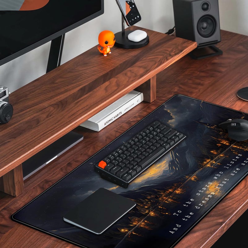 Mechanical Cattle Starry Night Mountain Desk Pad Mat Moon Oil Painting XXL Black Mouse Pad for Gaming Deskpad, Aesthetic Moon and Stars Mousepad Xxl for Laptop Computer Mouse Game Keyboard Mat, 31.5 X 15.8 In - Image 5